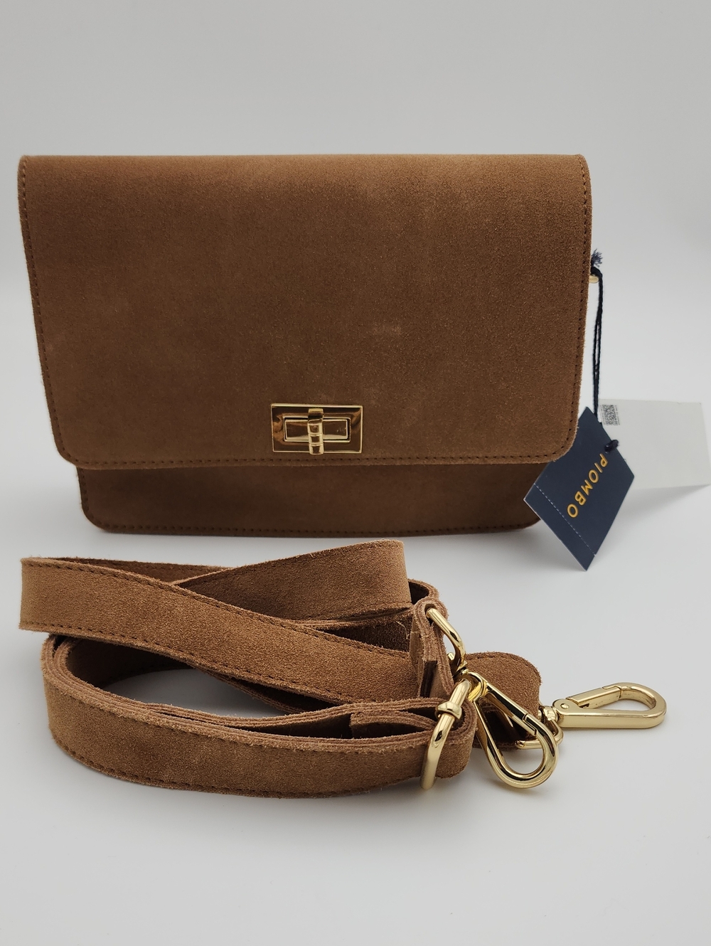 Piombo Brown Suede Crossbody Bag with Gold Hardware